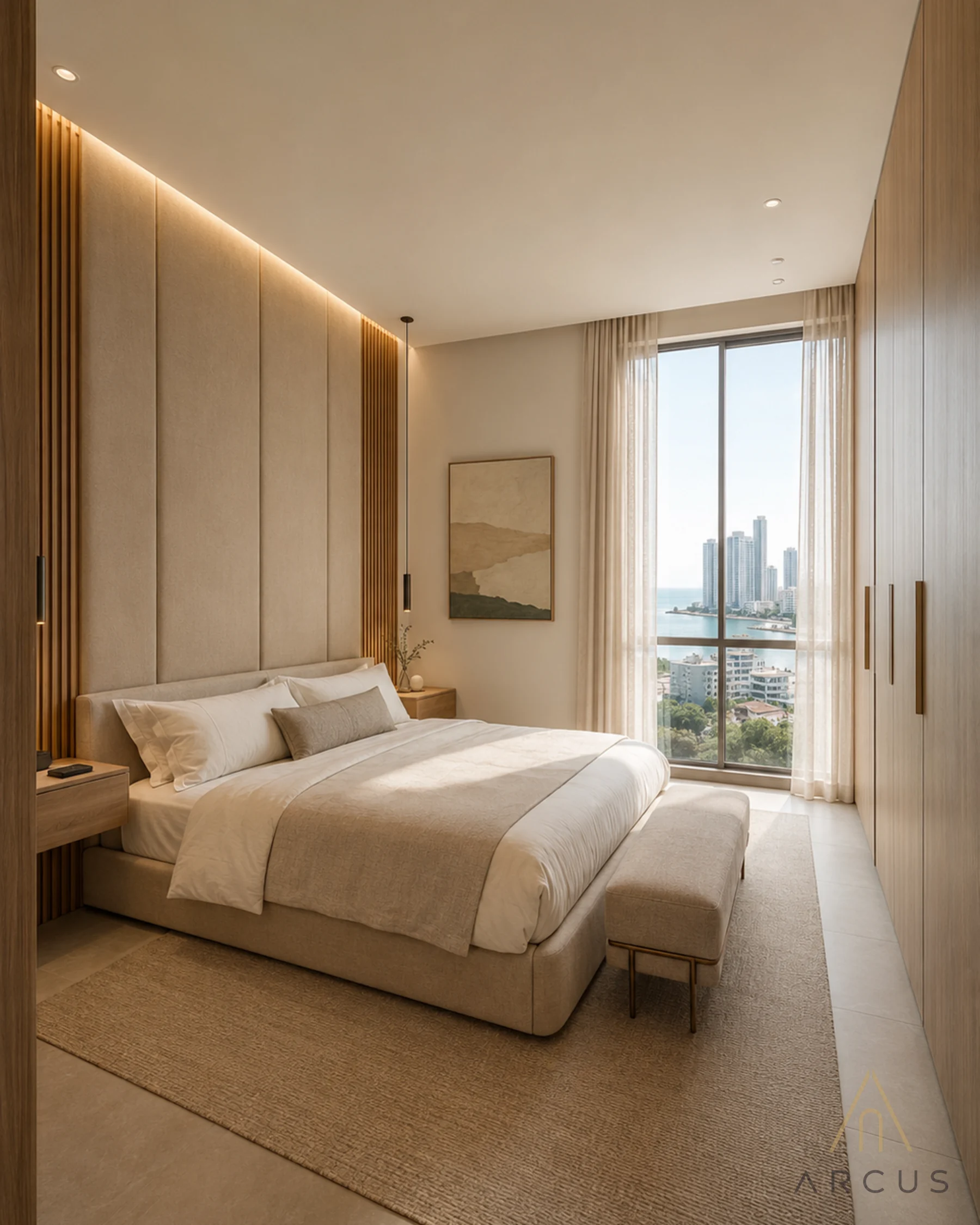 Habitación principal contemporánea con vista urbana