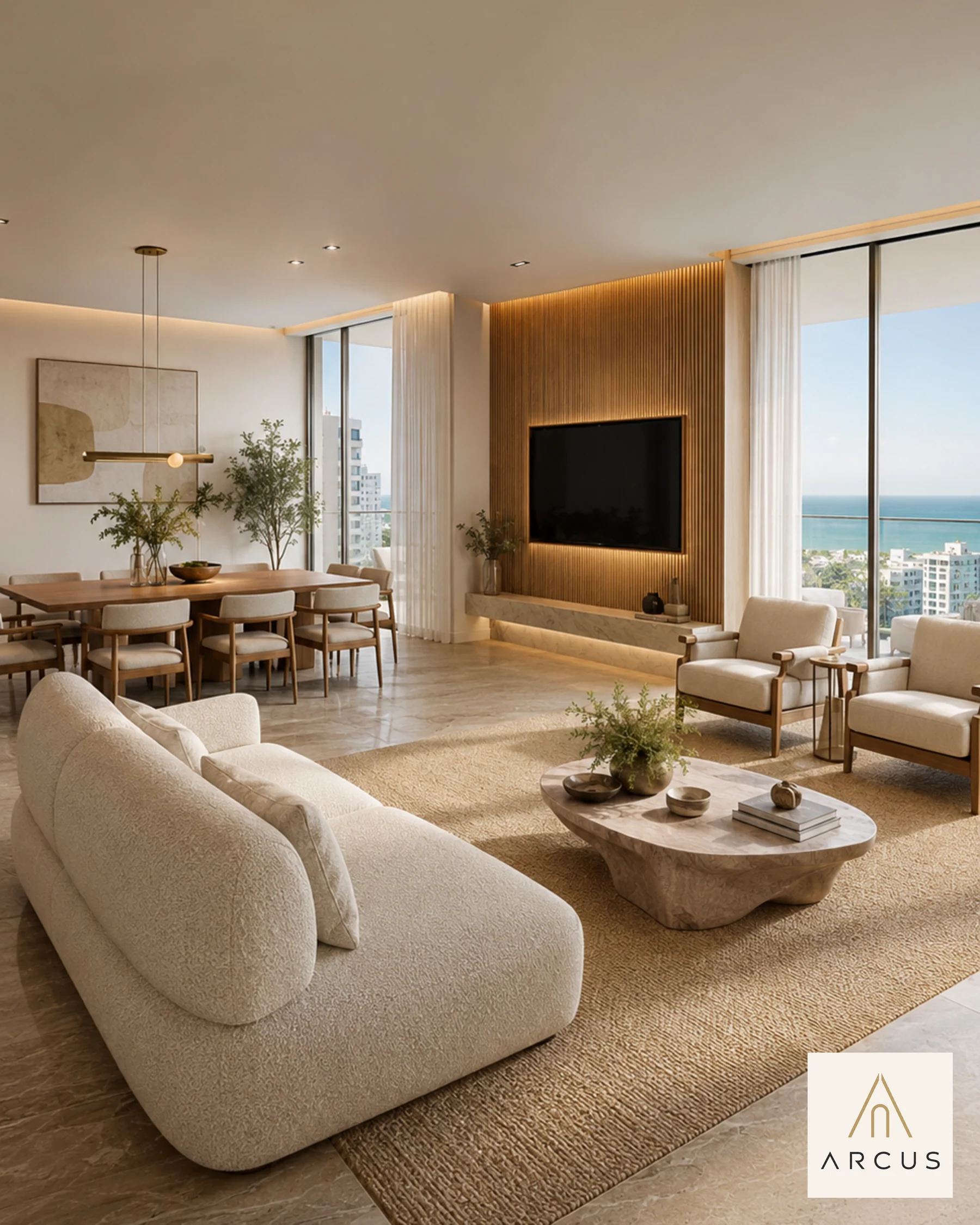 Sala comedor contemporánea con vista al mar